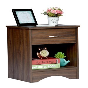 Engineered Wood Bed Side Table and End Table with Storage and Drawer (Walnut, Matte Finish)