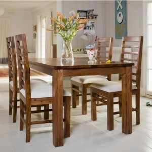 Modern Furniture Solid Sheesham Wood Dining Table 4 Seater Dining Table Set with 4 Cushion Chairs Dinner Table Set for Dinning Room Home Hotel and Office (Natural Finish)